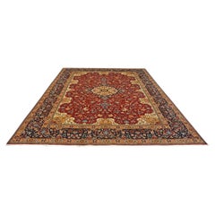 Tapis persan vintage Tabriz 8x11 rouge, ivoire et marine fait main