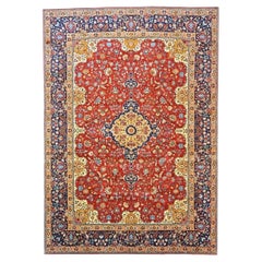 Tapis persan vintage Tabriz 8x11 rouge, ivoire et marine fait main