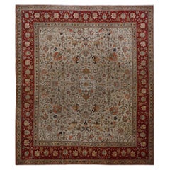 Alfombra Persa Tabriz Vintage 9x11 Marfil y Rojo Hecha a Mano