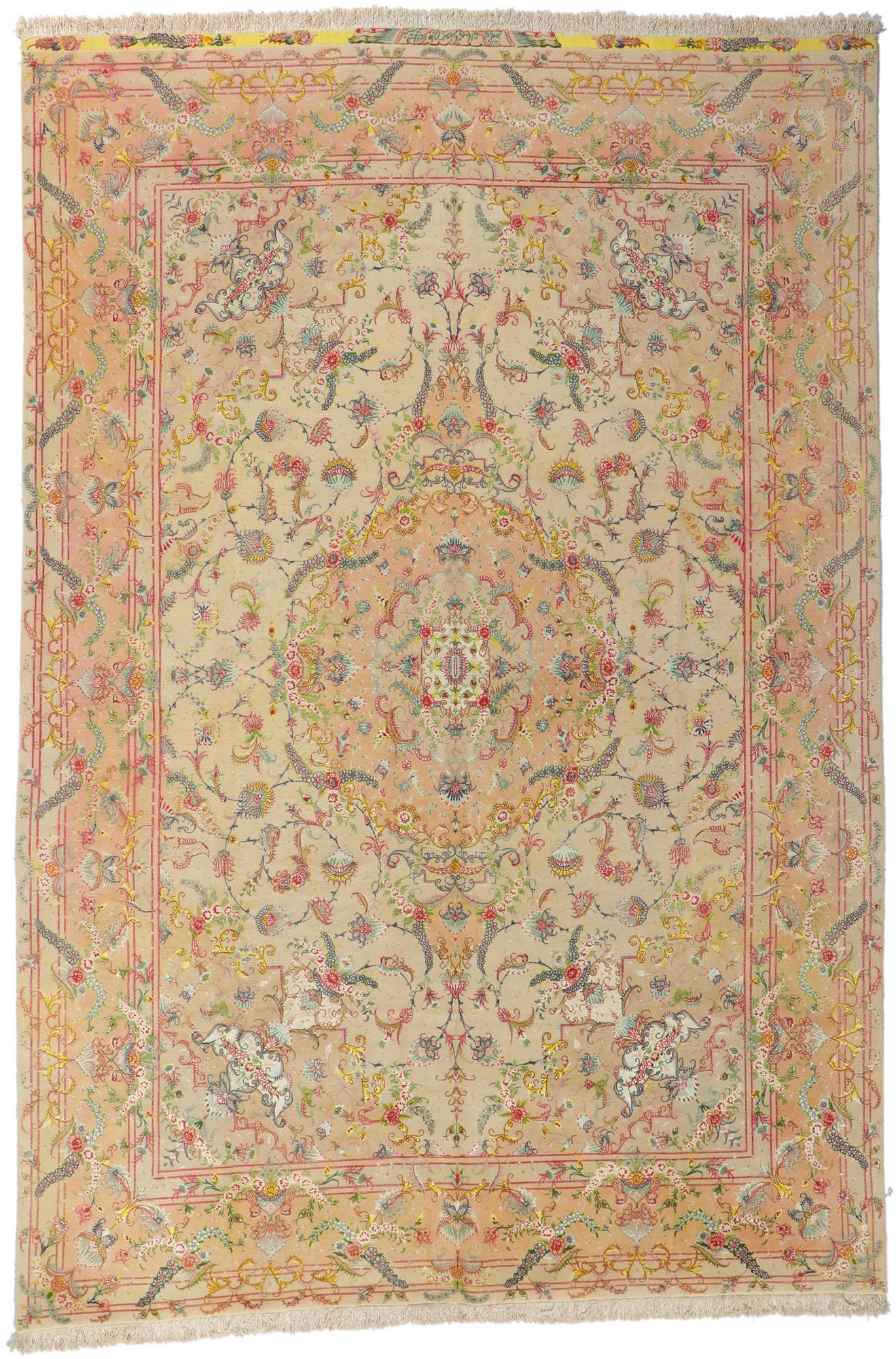 1970 Signé Tapis persan vintage Tabriz en laine et soie  en vente 2