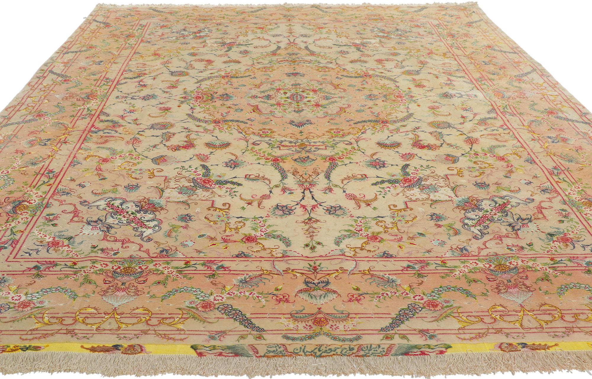 Rococo 1970s Signed Vintage Persian Tabriz Wool and Silk Rug  For Sale