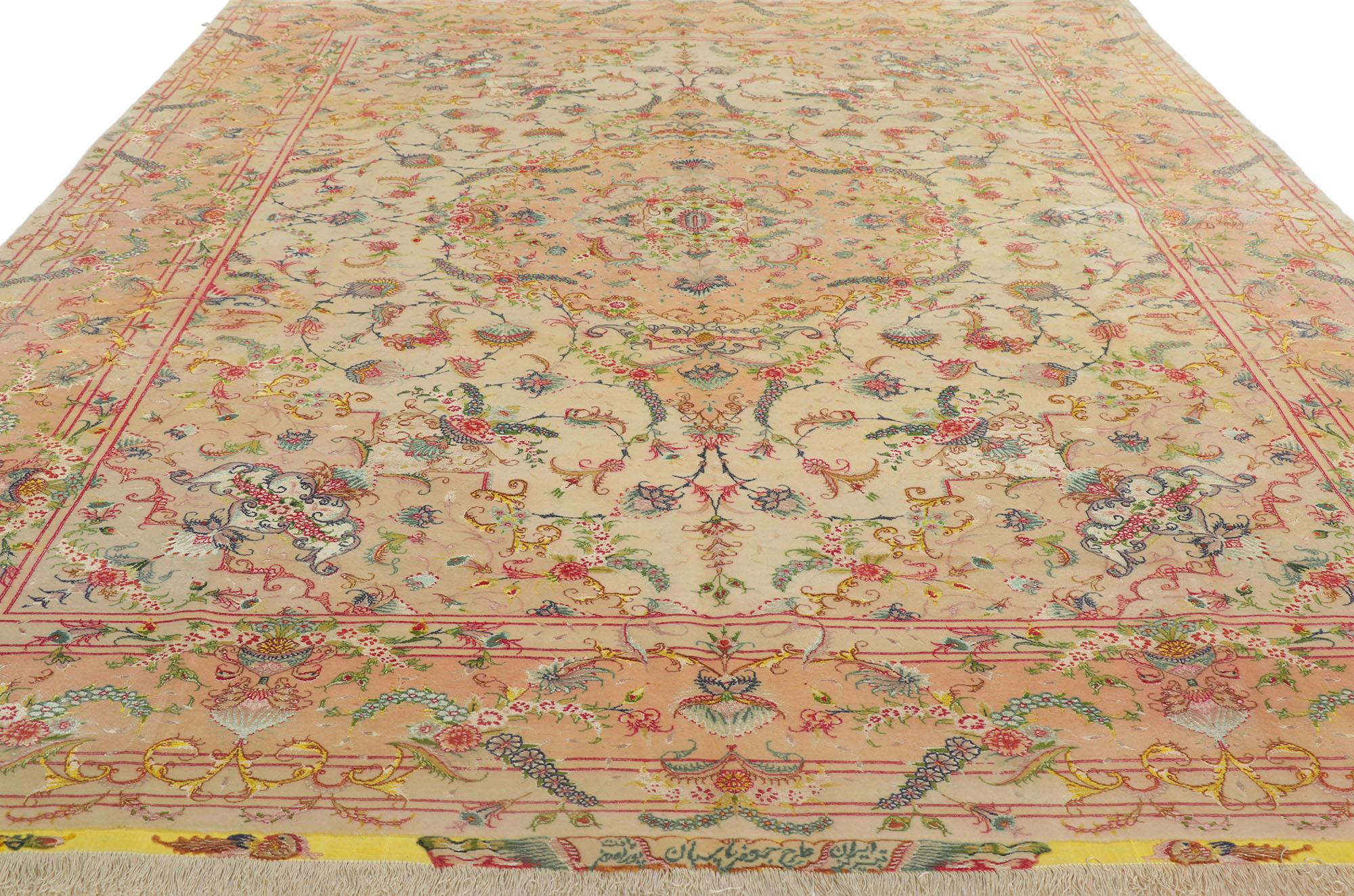 1970s Signed Vintage Persian Tabriz Wool and Silk Rug  In Good Condition For Sale In Dallas, TX