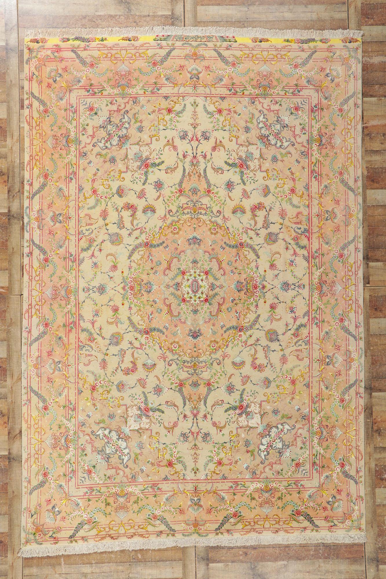 1970 Signé Tapis persan vintage Tabriz en laine et soie  en vente 1