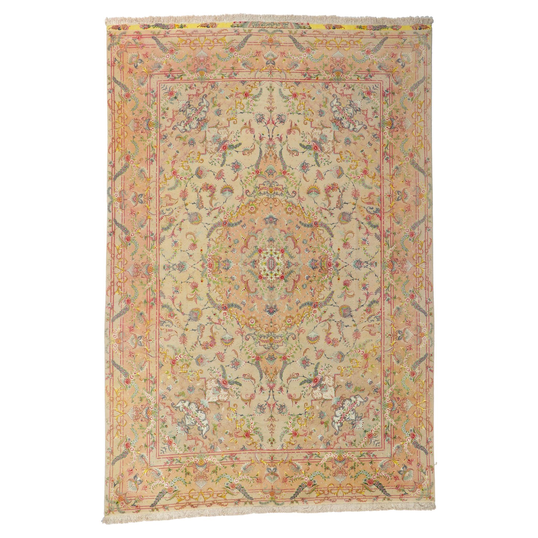 1970 Signé Tapis persan vintage Tabriz en laine et soie  en vente