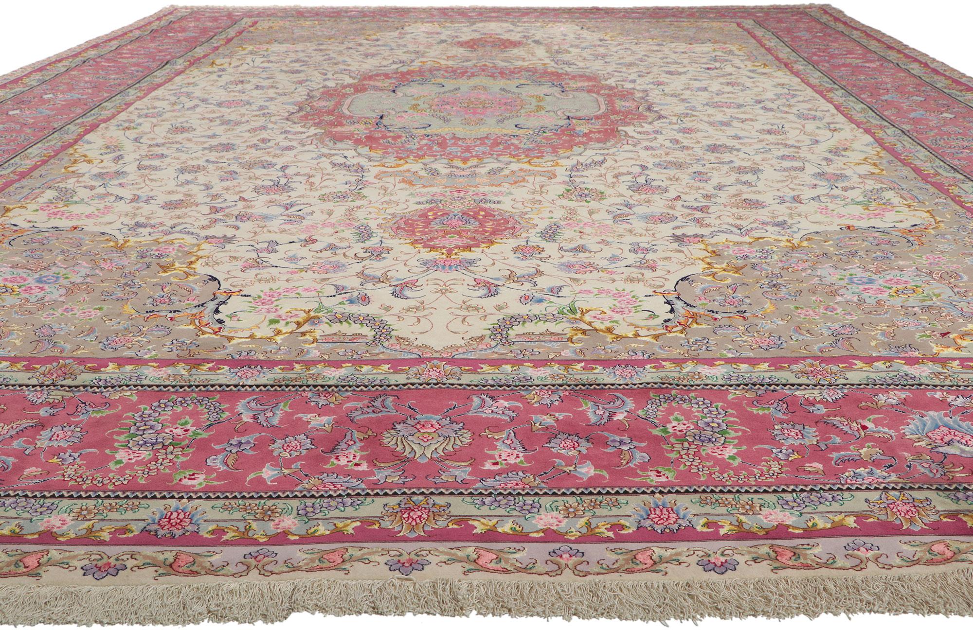 Hand-Knotted Vintage Persian Tabriz Wool and Silk Rug Hotel Lobby Size Carpet For Sale