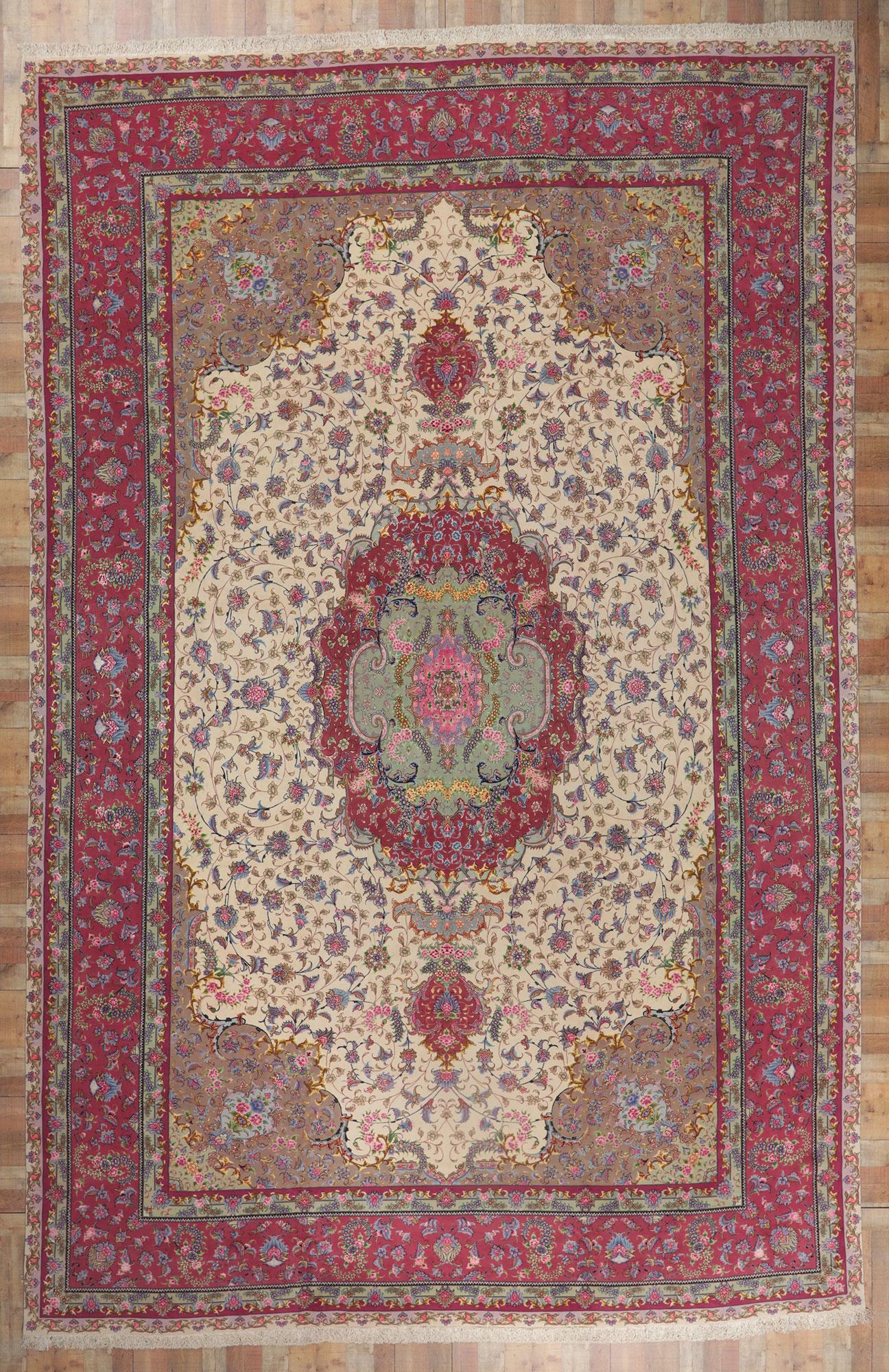 20th Century Vintage Persian Tabriz Wool and Silk Rug Hotel Lobby Size Carpet For Sale