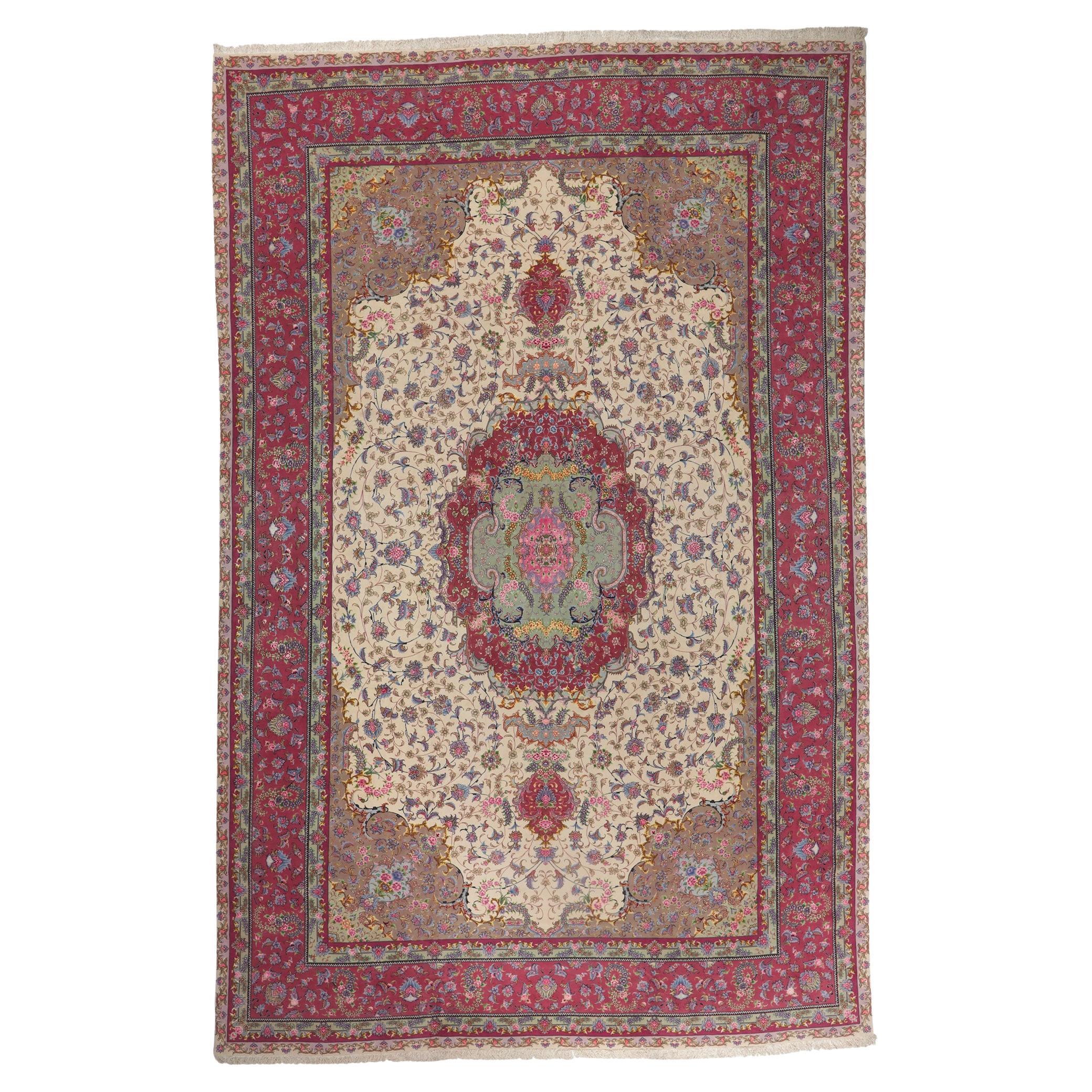 Vintage Persian Tabriz Wool and Silk Rug Hotel Lobby Size Carpet For Sale