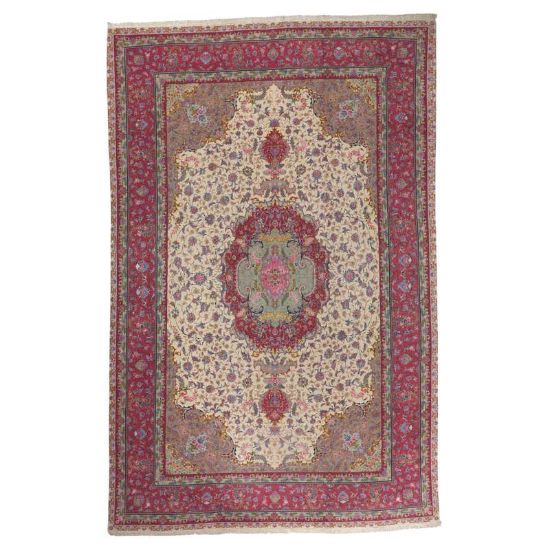 Vintage Persian Floral Tabriz Wool and Silk Carpet For Sale at 1stDibs