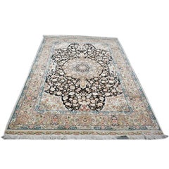 Vintage Persian Tabriz Wool & Silk 5x8 Blue, Black, & Ivory Area Rug