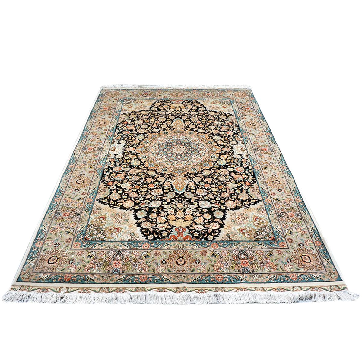 Hand-Woven Vintage Persian Tabriz Wool & Silk 5x8 Blue, Black, & Ivory Area Rug For Sale