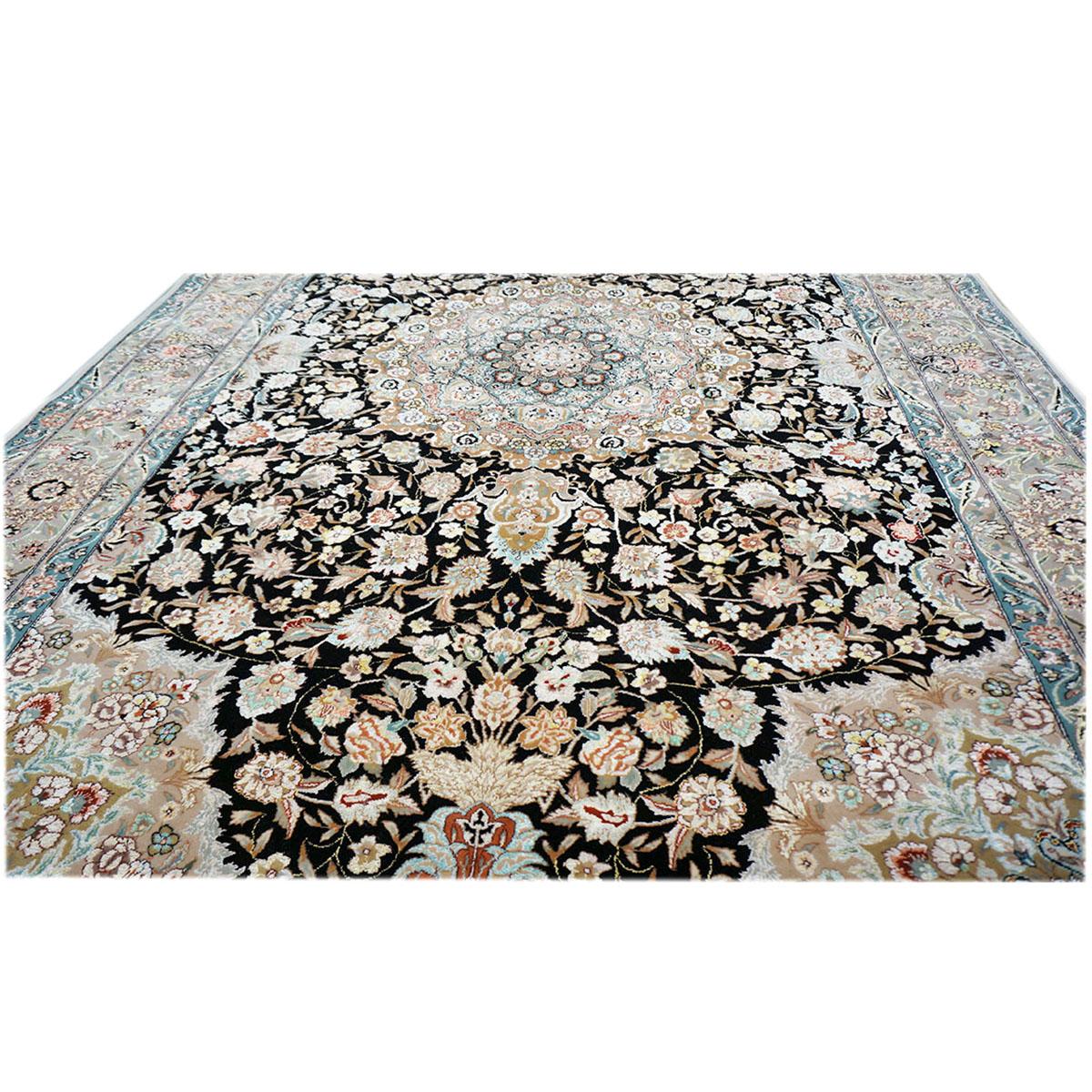 Mid-20th Century Vintage Persian Tabriz Wool & Silk 5x8 Blue, Black, & Ivory Area Rug For Sale