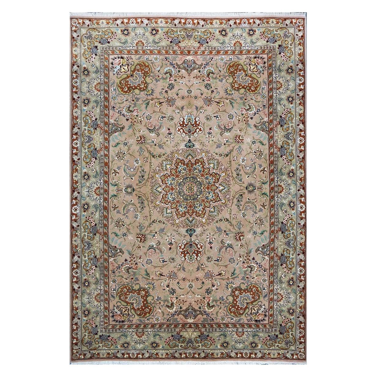 Tapis persan vintage Tabriz en laine et soie 6x9, mauve et vert clair, fait à la main