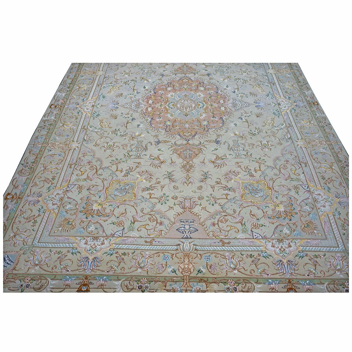 Hand-Knotted Vintage Persian Tabriz Wool & Silk 7x10 Ivory & Salmon Handmade Area Rug For Sale