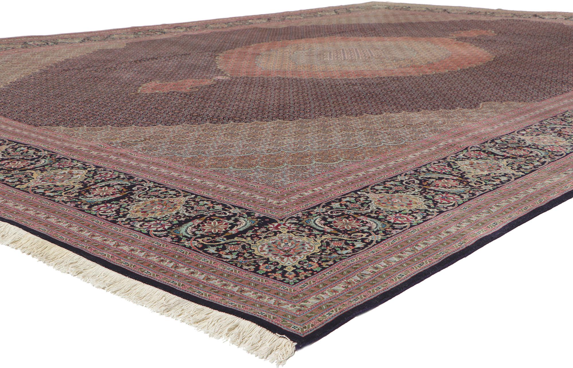 78332 Vintage Persian Tabriz wool and silk rug, 11'04 x 16'05. With ornate details and striking appeal, this wool and silk vintage Persian Tabriz rug astounds with its beauty. The small-scale Herati pattern and sophisticated color palette woven into