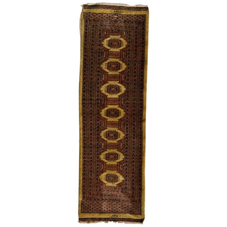 Vintage Persian Tapestry Rug Runner Bold Design in Brown & Gold Signed 1940s