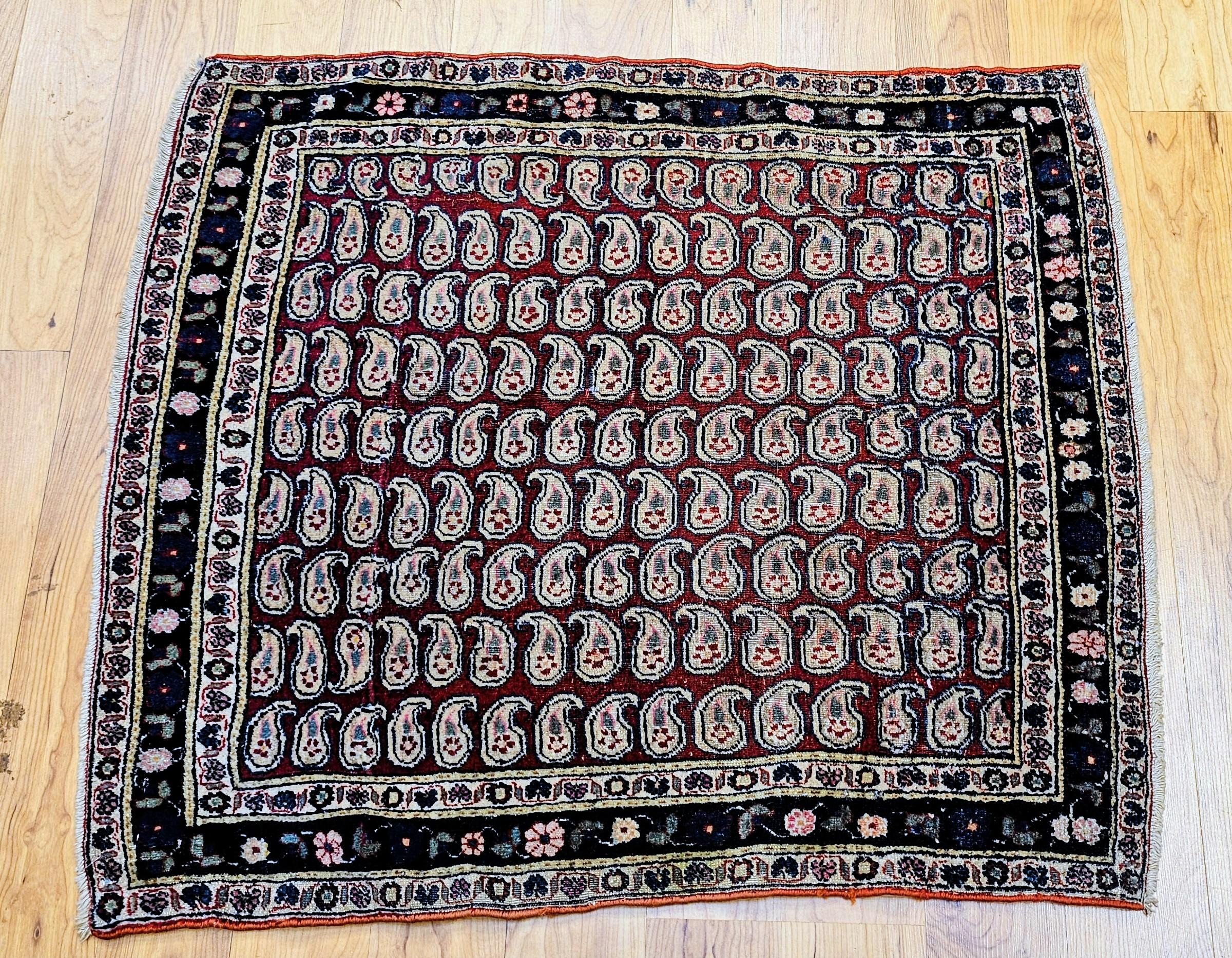 Questo eccezionale tappeto persiano di Teheran, tessuto all'incirca all'inizio del 1900, presenta uno squisito disegno paisley allover su un ricco campo rosso, incorniciato da un bordo blu intenso. Con una trama insolitamente fine e presentato in un