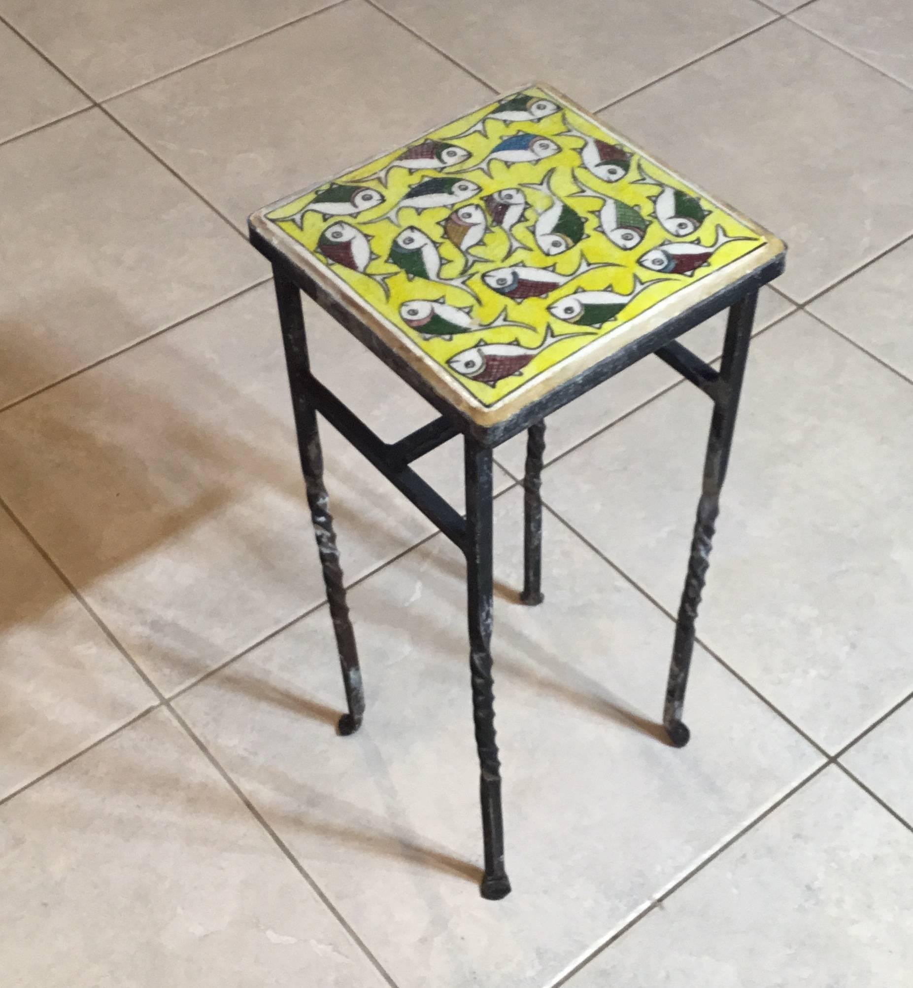 Vintage Persian Tile Small Iron Table In Excellent Condition In Delray Beach, FL