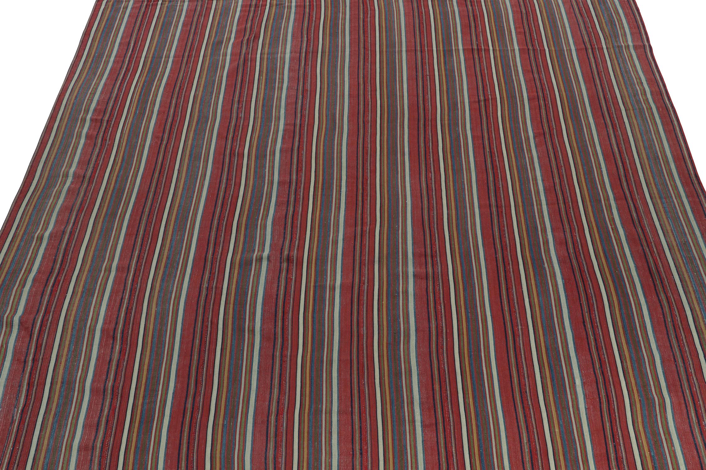 Hand-Knotted Vintage Persian Tribal Kilim in Red with Polychromatic Stripes, by Rug & Kilim  For Sale