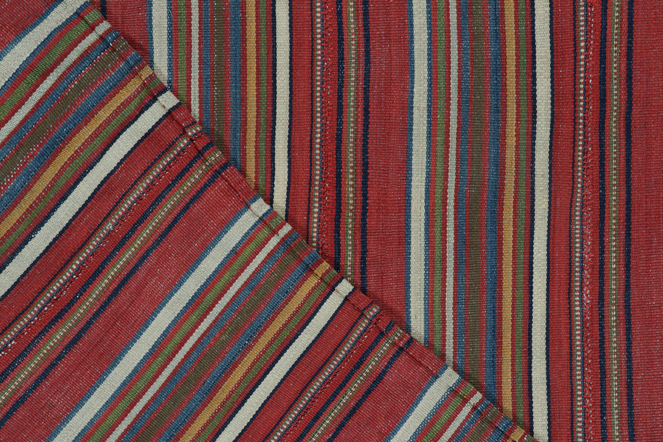 Wool Vintage Persian Tribal Kilim in Red with Polychromatic Stripes, by Rug & Kilim  For Sale