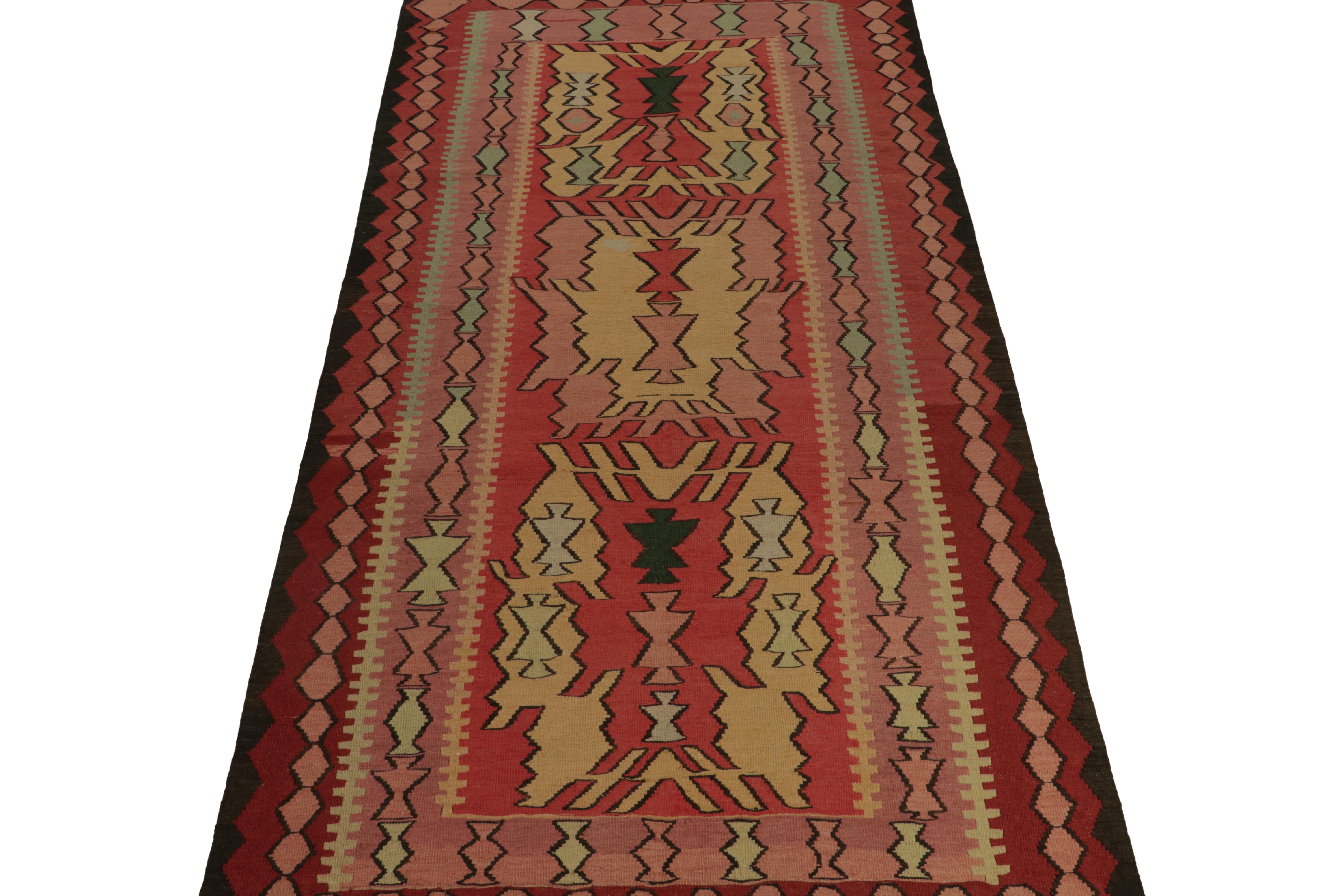 Hand-Knotted Vintage Persian Tribal Kilim Rug in Red, Pink, Gold Patterns Rug & Kilim For Sale