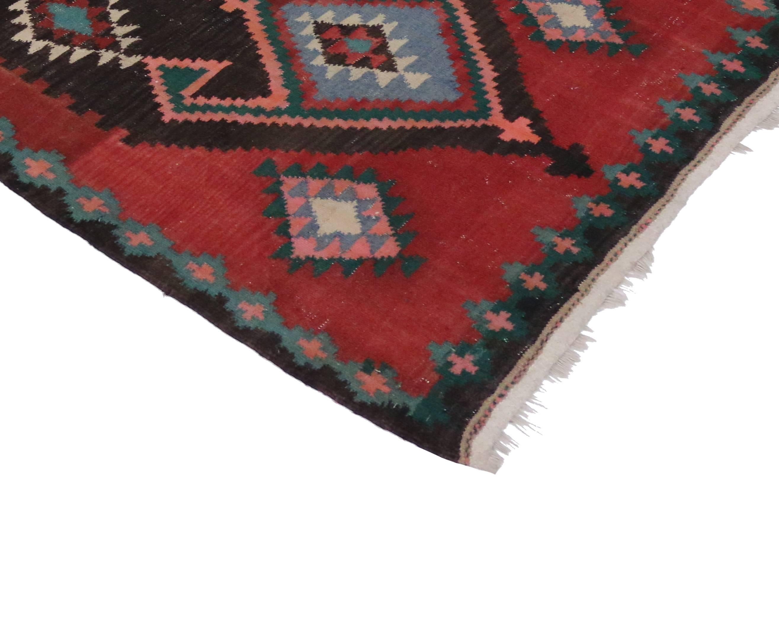 74900, vintage Persian tribal Kilim rug with modern style, Kilim runner. Create a comfortable and modern setting with this vintage handwoven kilim with tribal style. Handwoven wool vintage Persian Tribal Kilim rug highlighting the finest trends in