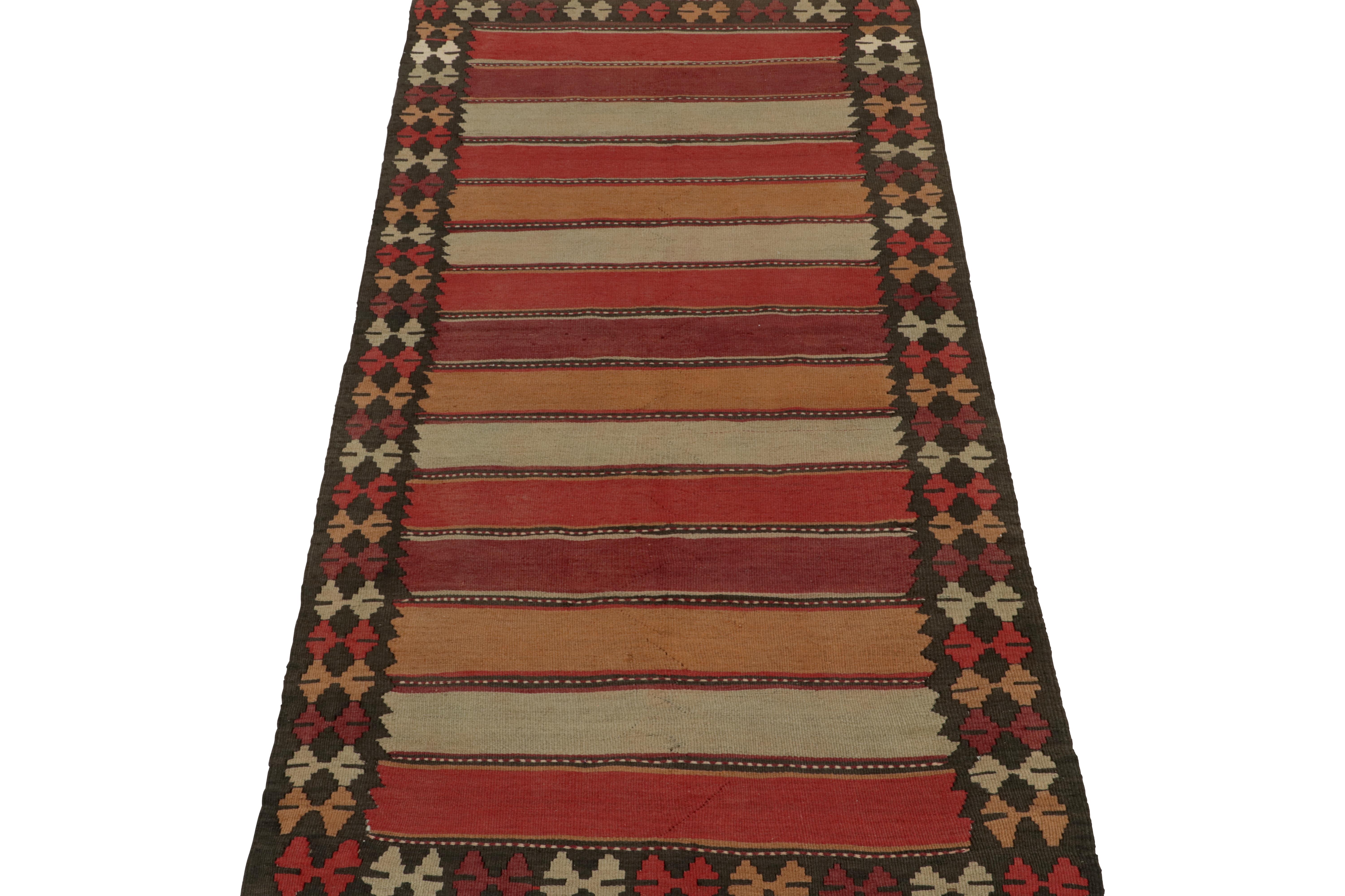 This vintage 5x10 Persian Kilim is a tribal rug from Meshkin—a small northwestern village known for its fabulous long rugs like this gallery rug. Handwoven in wool, it originates circa 1950-1960.

Further on the Design:

This design uses