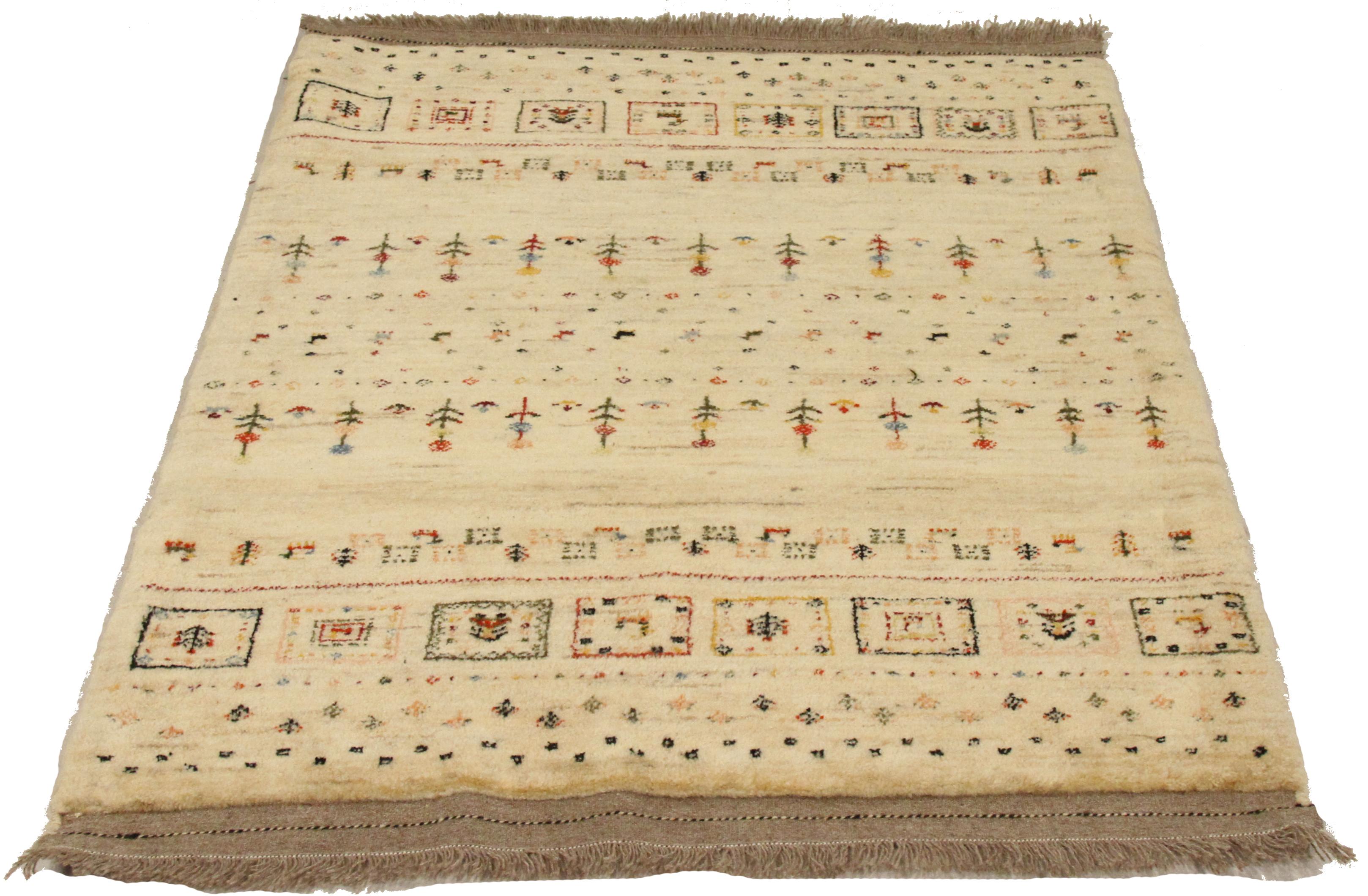 Vintage handwoven Persian rug made from fine wool and all-natural vegetable dyes that are safe for people and pets. This beautiful piece features simple geometric patterns which Gabbeh rugs are known for. Persian tribal rugs like Gabbeh are highly