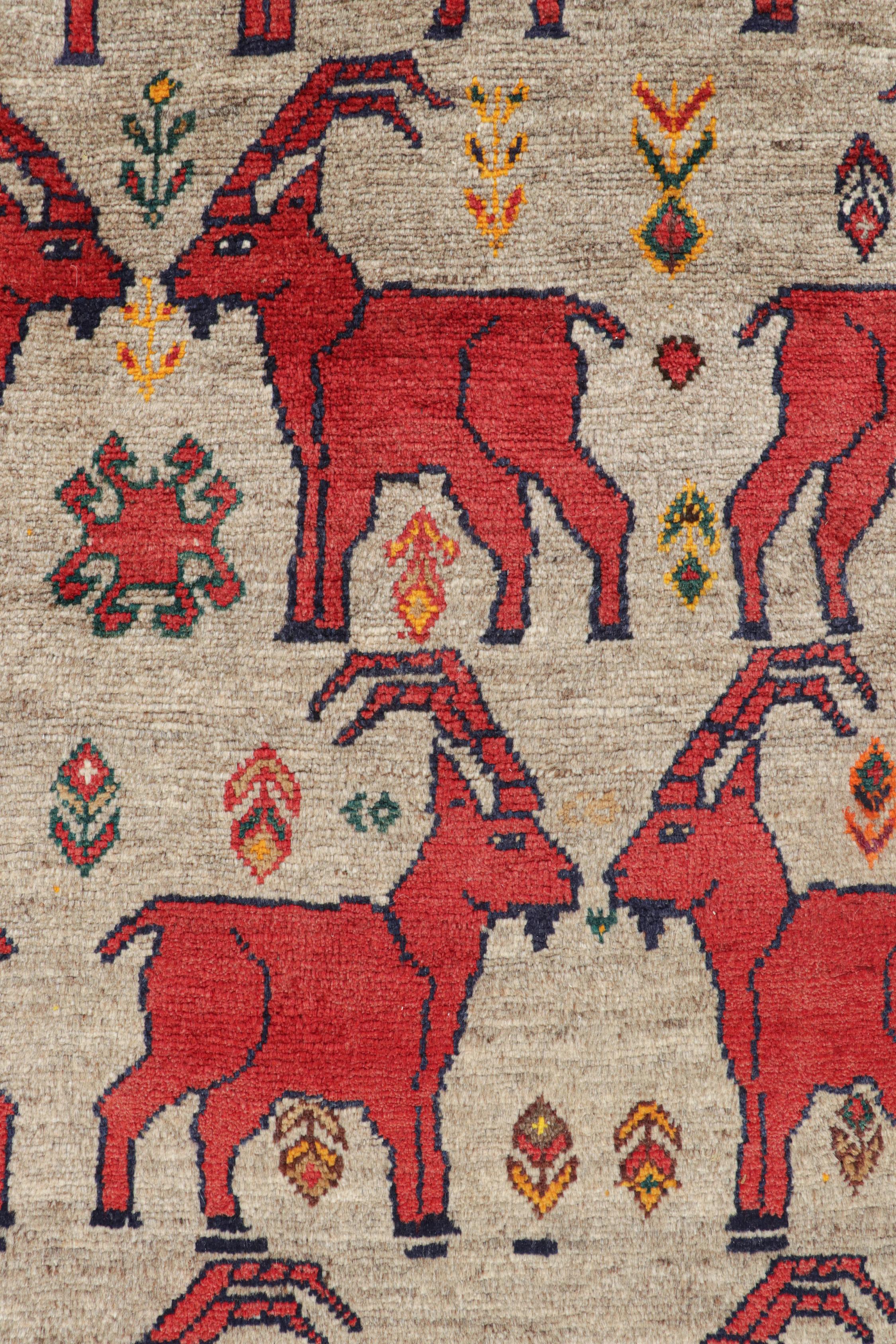Wool Vintage Persian Tribal Rug in Beige with Red Animal Pictorials by Rug & Kilim For Sale