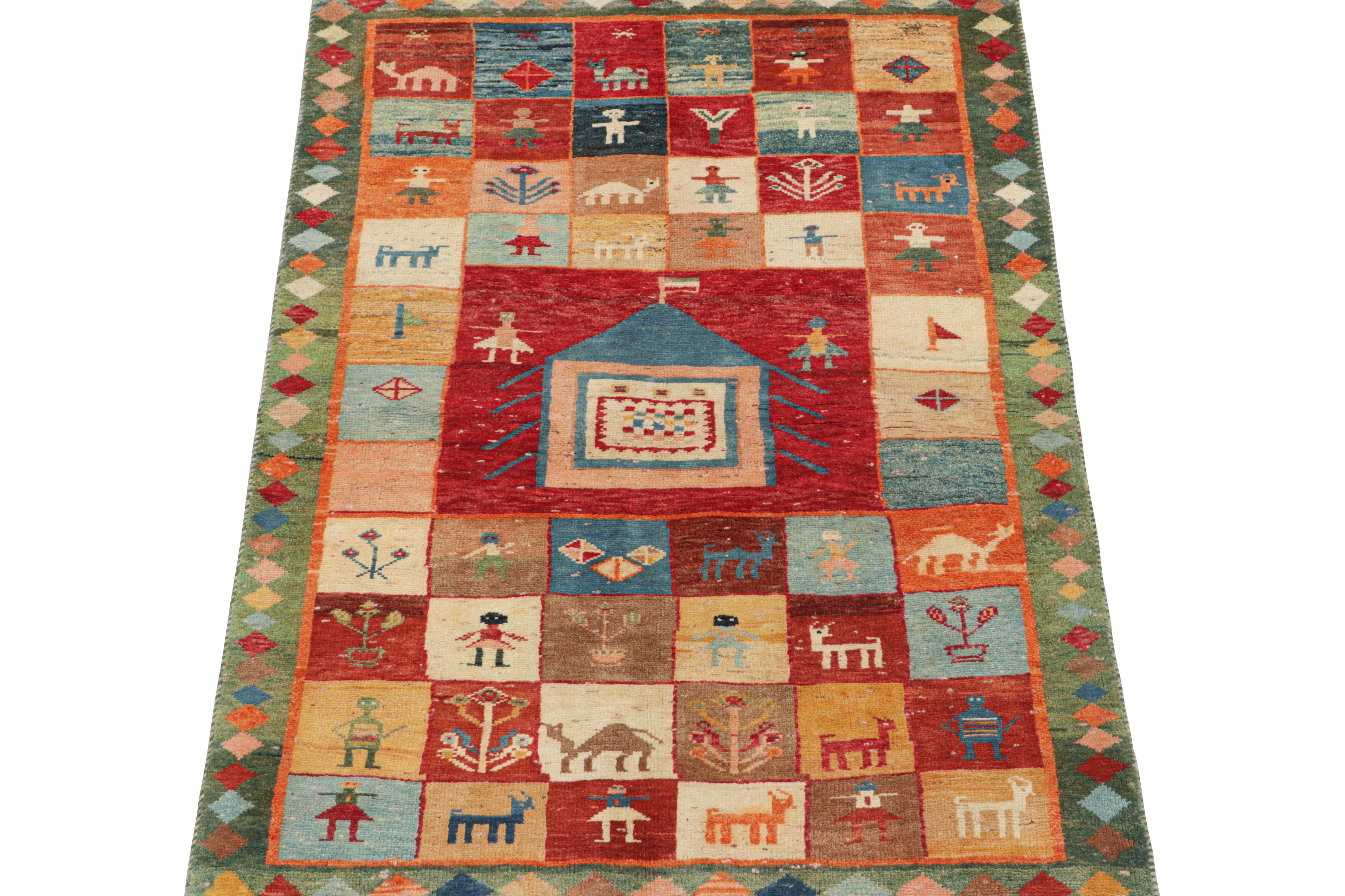 This vintage 4 x 6 Persian rug is a rare tribal piece, hand-knotted in wool circa 1950-1960.

Further on the Design: 

Its design enjoys many pictorial patterns in a series of squares throughout the field. Connoisseurs will further note how few