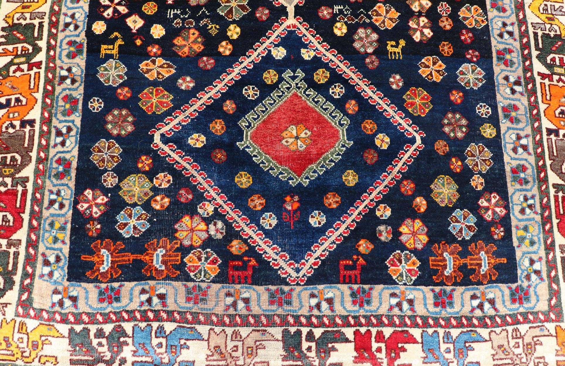Vintage Persian Tribal Shiraz with Medallion Design on Dark Background For Sale 6