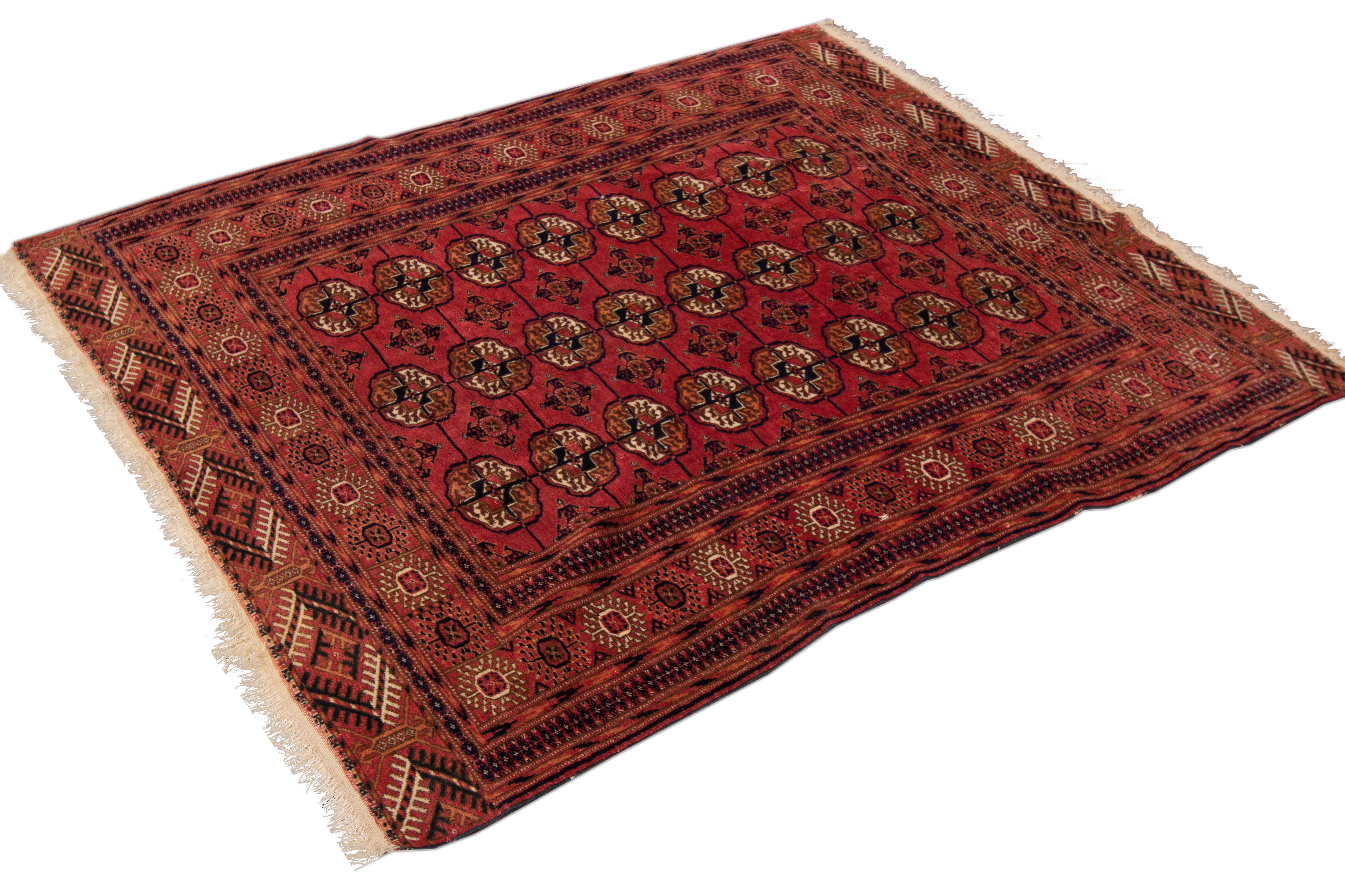Islamique Vintage Persian Turkmen Handmade Pattern Red - Motif géométrique rouge  Tapis en laine en vente