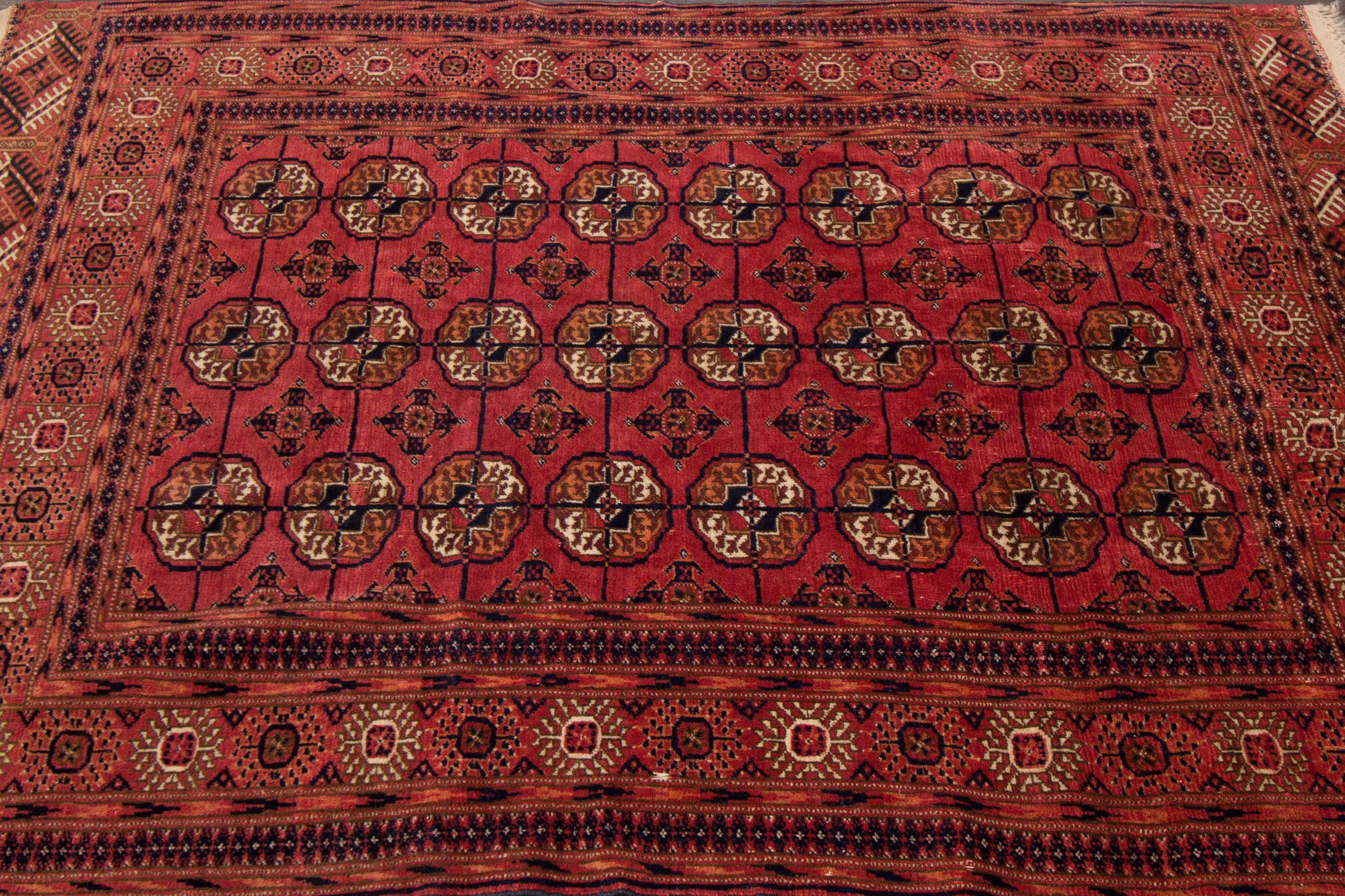 Hand-Knotted Vintage Persian Turkmen Handmade Geometric Pattern Red  Wool Rug For Sale
