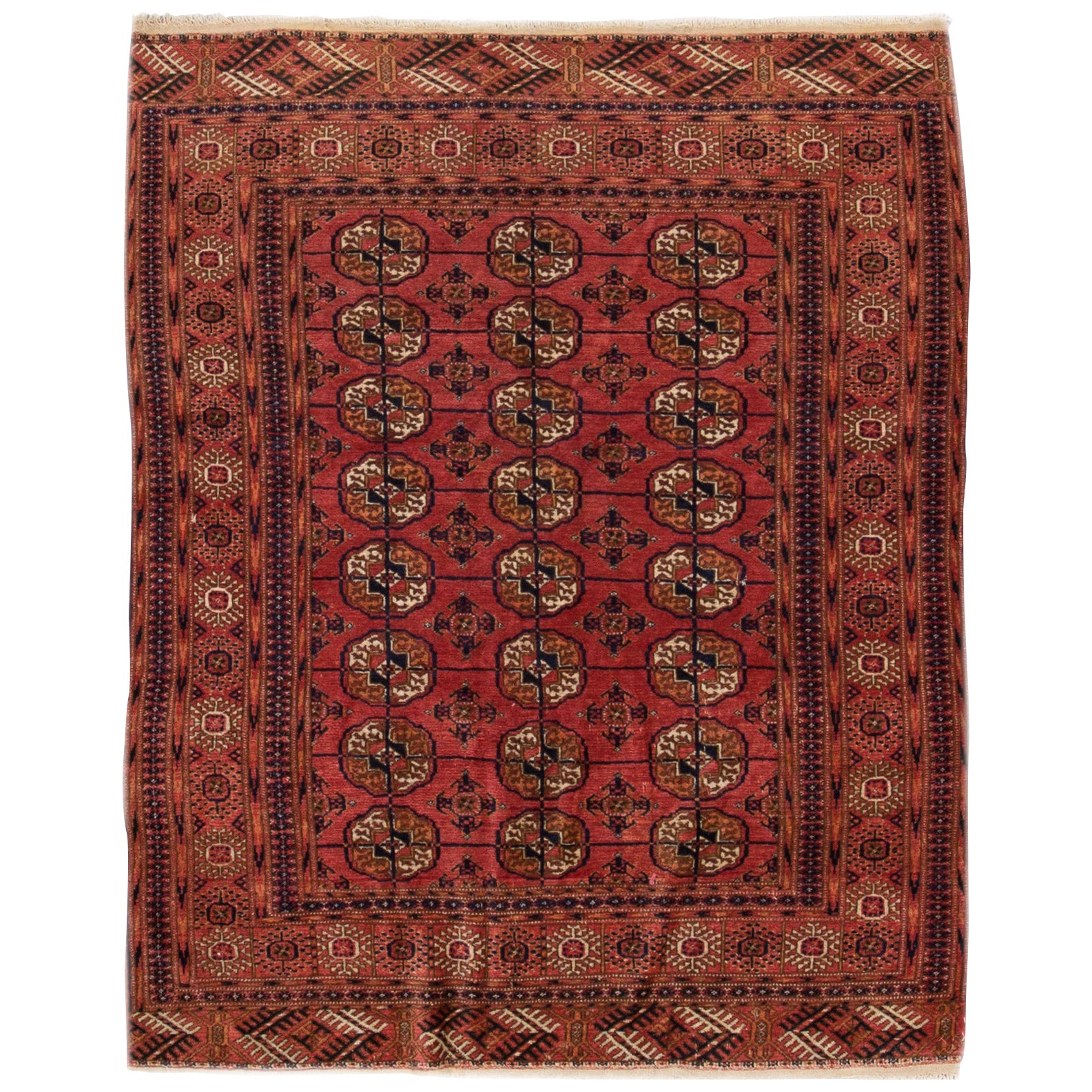 Vintage Persian Turkmen Handmade Pattern Red - Motif géométrique rouge  Tapis en laine