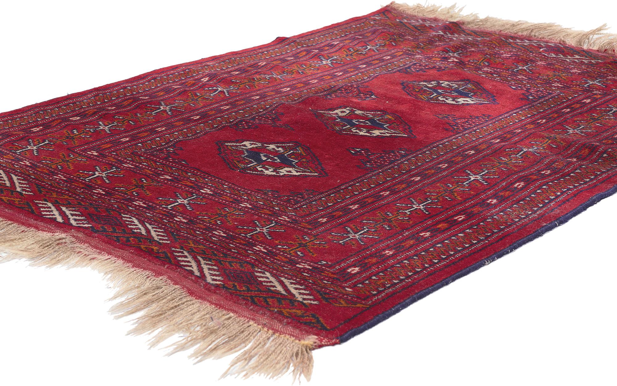 78705 Vintage Persian Turkoman Rug, 02'11 x 03'08. Persian Turkoman rugs, originating from Turkmenistan, Iran, and Afghanistan, are renowned for their quality craftsmanship and intricate designs. Handwoven using traditional techniques like the