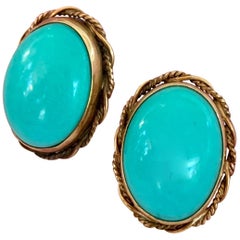 Vintage Persian Turquoise Bezel set Cabochon 14 Karat Yellow Gold Pierced Earrin