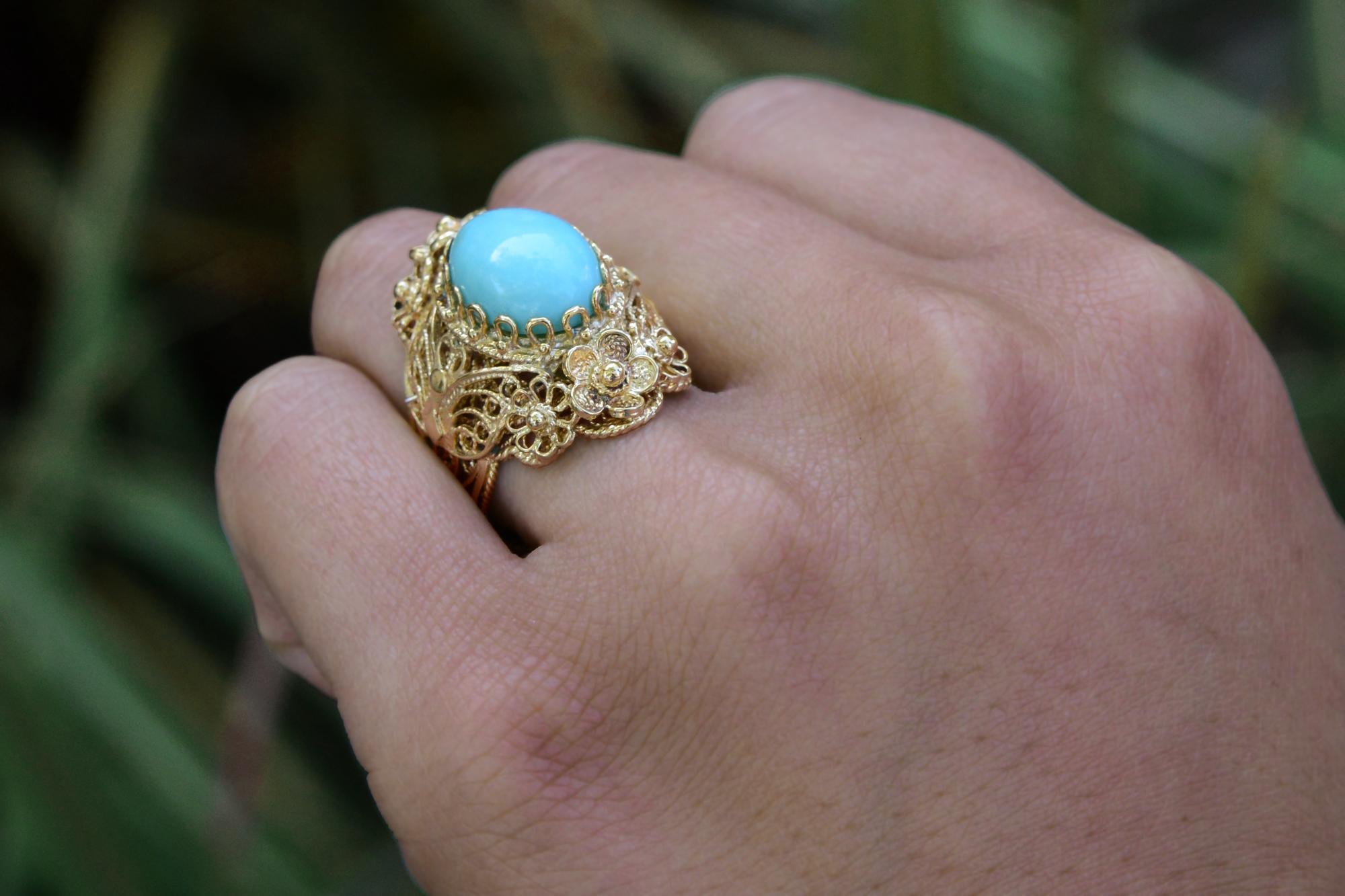 Byzantine Vintage Persian Turquoise Yellow Gold Cocktail Ring