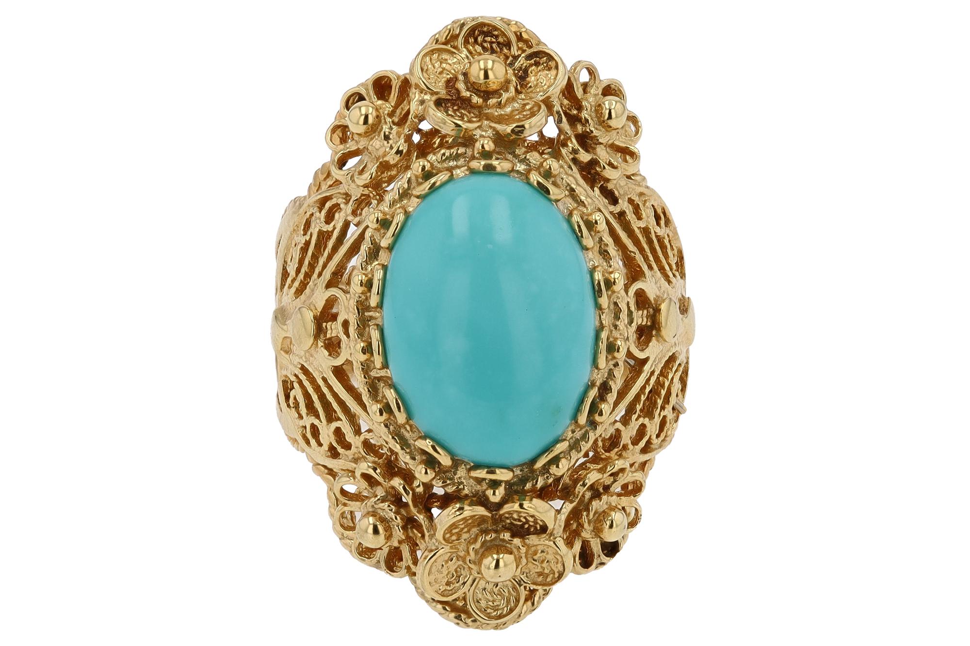 Cabochon Vintage Persian Turquoise Yellow Gold Cocktail Ring