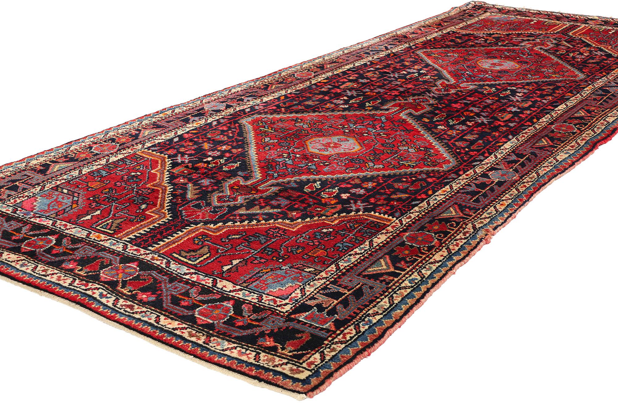 76051 Vintage Persian Hamadan Rug Runner, 03'10 X 10'07. Crafted with meticulous care and woven from hand-knotted wool, this vintage Persian Tuyserkan Hamadan runner boasts a design that exudes timeless elegance and artistic sophistication. At its