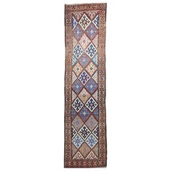 Antique Persian Varamin Kilim Runner in Blue, Brown, Green, Yellow, Pink, Ivory