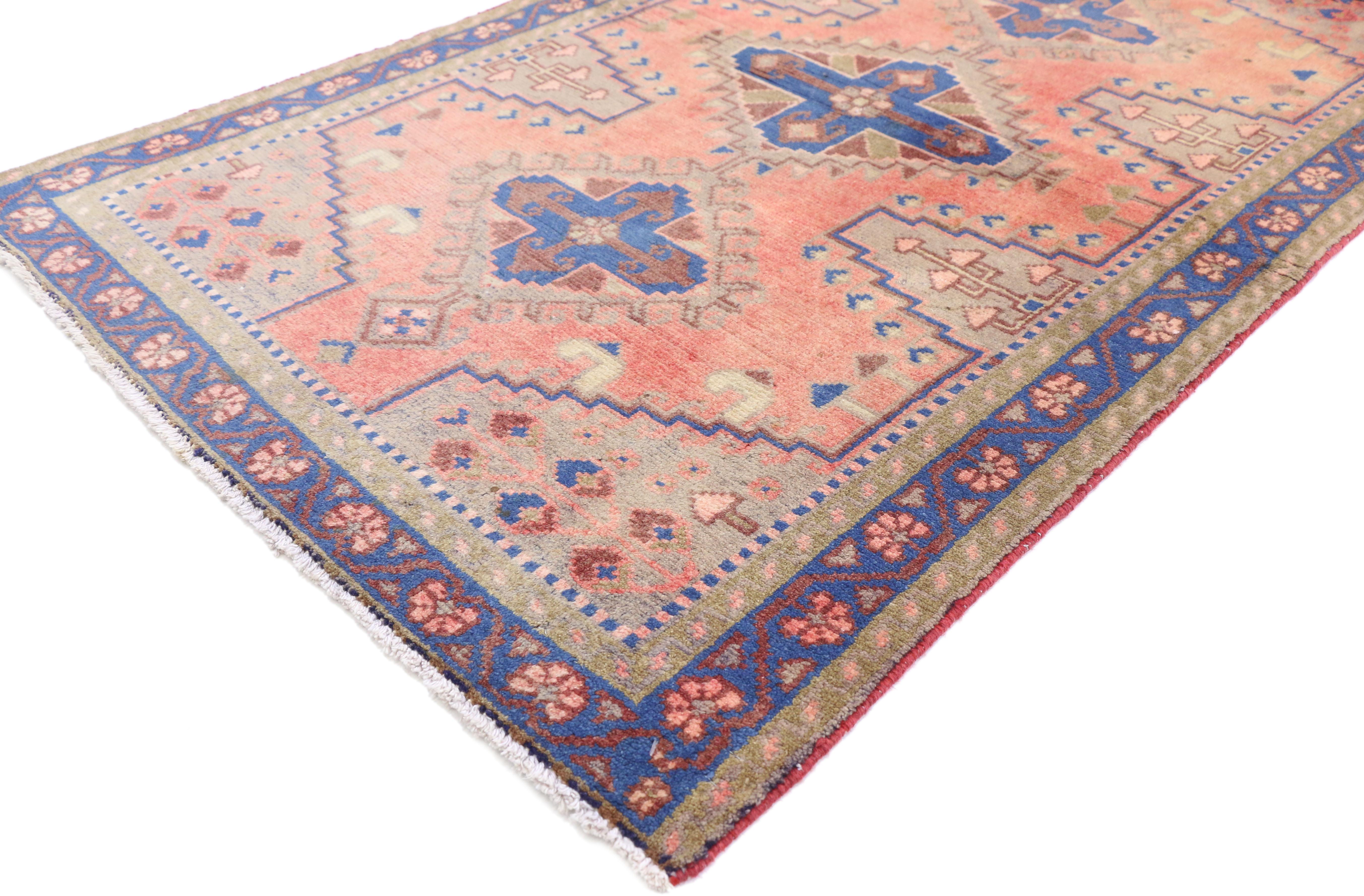75989 vintage Persian Viss Accent rug with Eclectic Bohemian Tribal style. This hand knotted wool vintage Persian Viss accent rug features three latch-hook amulets each filled with a cruciform cross motif. Two stepped ziggurat pyramid mounds on each