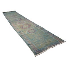 Vintage Persian Wool 3x15 Teal Overdye Handmade Runner Rug