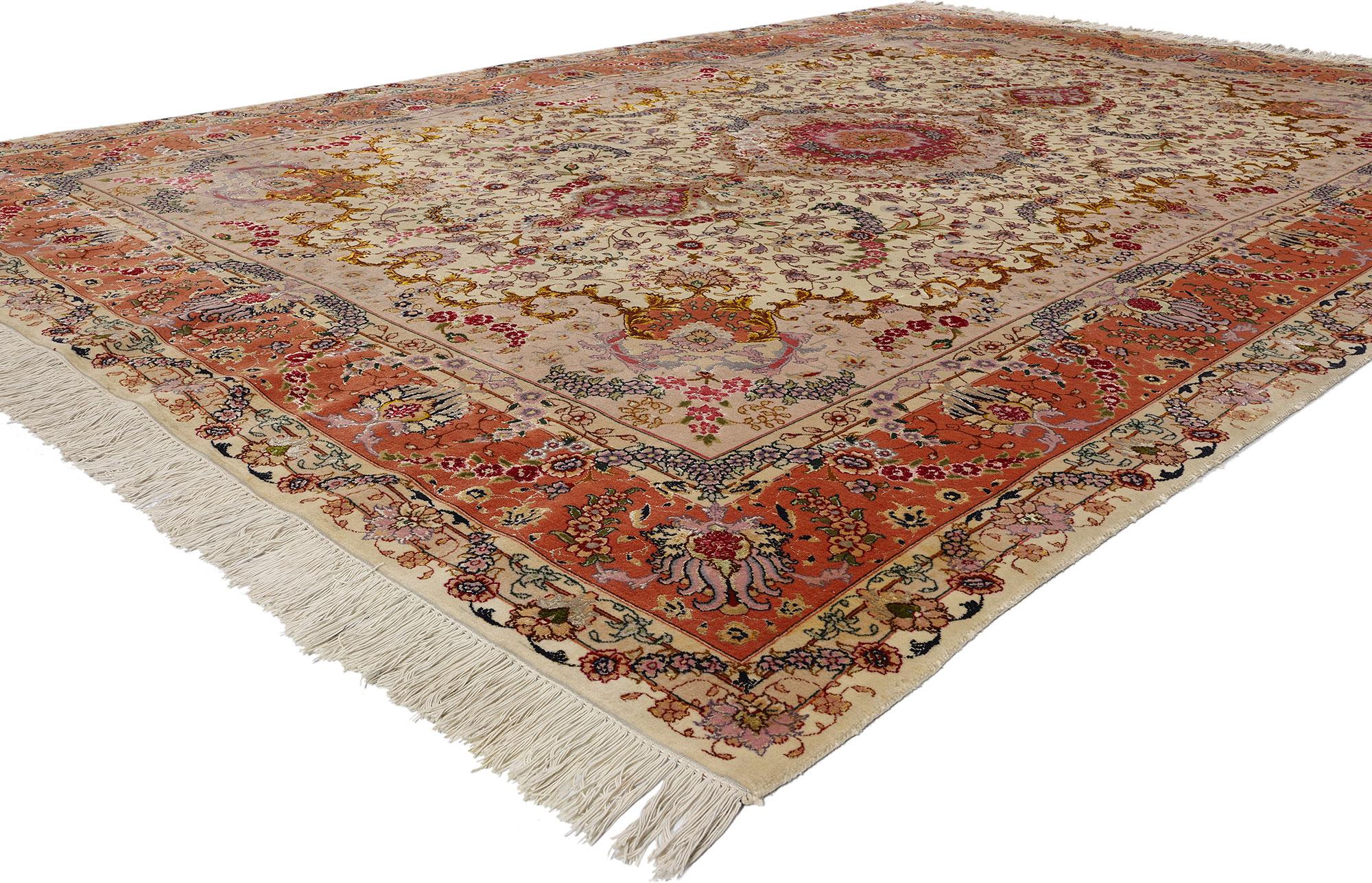 78687 Vintage Persian Tabriz Wool and Silk Rug, 06'07 x 09'07. Adorned with intricate embellishments and well-balanced asymmetry, this vintage Persian Tabriz rug, lovingly handcrafted from the finest wool and silk, exudes an aura of enchanting