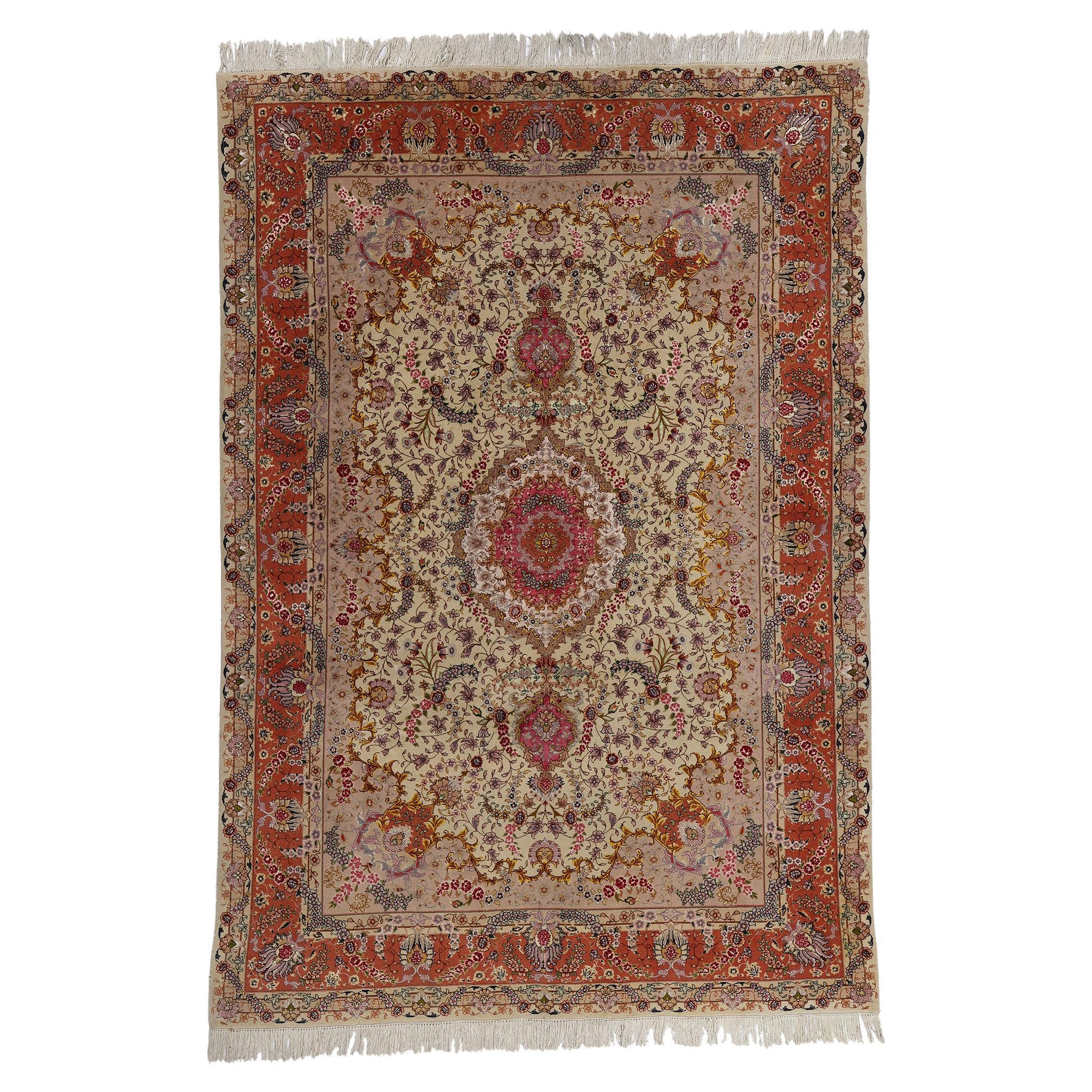 Vintage Persian Wool and Silk Tabriz Rug