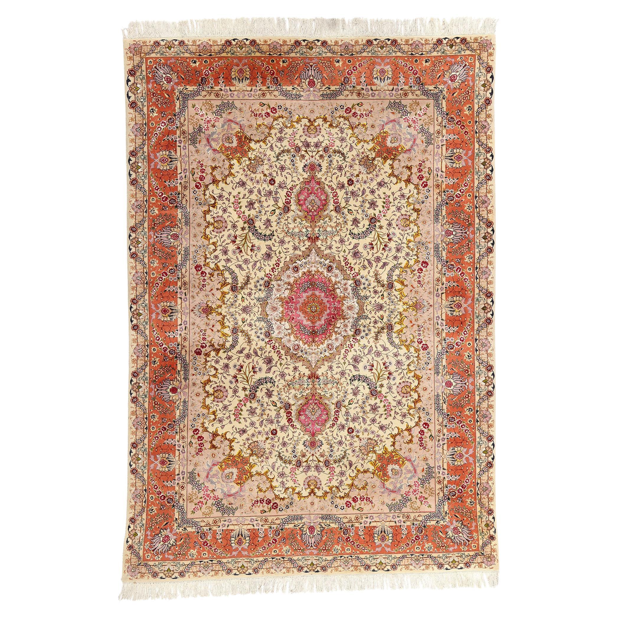 Vintage Persian Floral Tabriz Wool and Silk Carpet