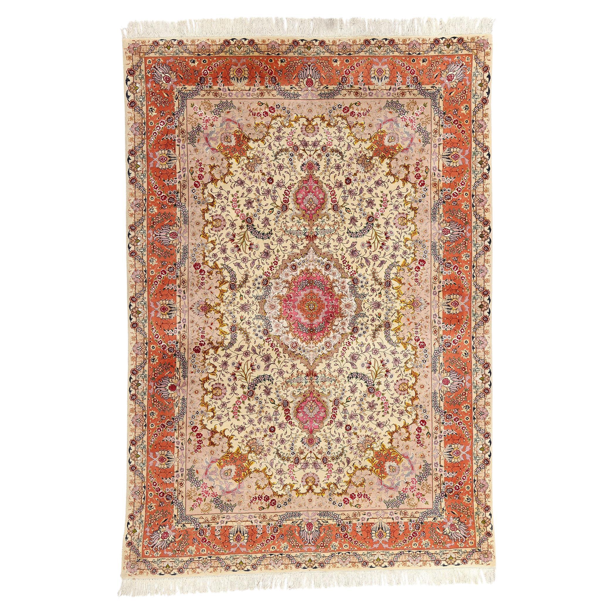 Tapis persan vintage Tabriz en laine et soie à fleurs