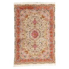 Vintage Persian Floral Tabriz Wool and Silk Carpet