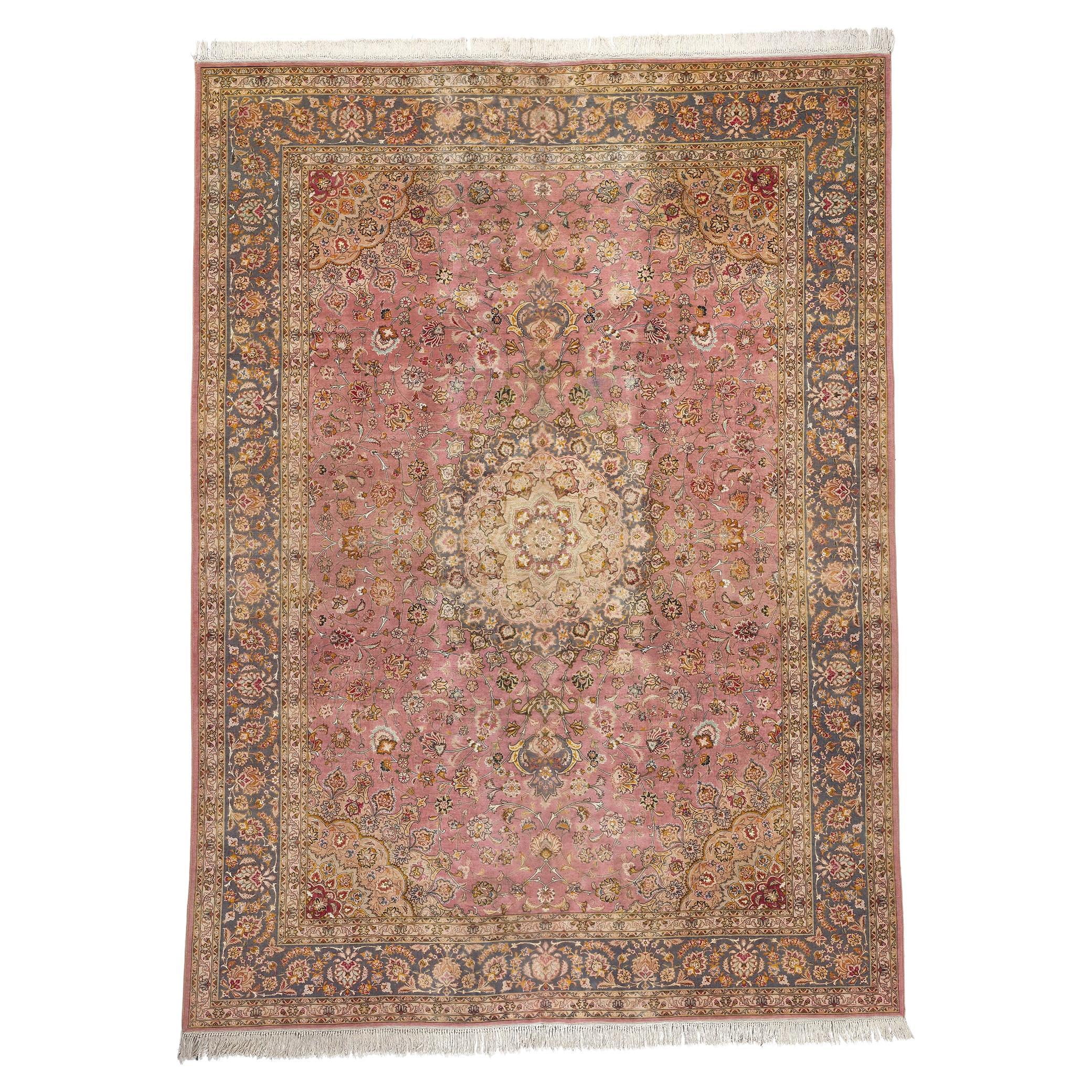 Vintage Persian Wool-Silk Tabriz Rug, Regencycore Collides with Georgian Style For Sale