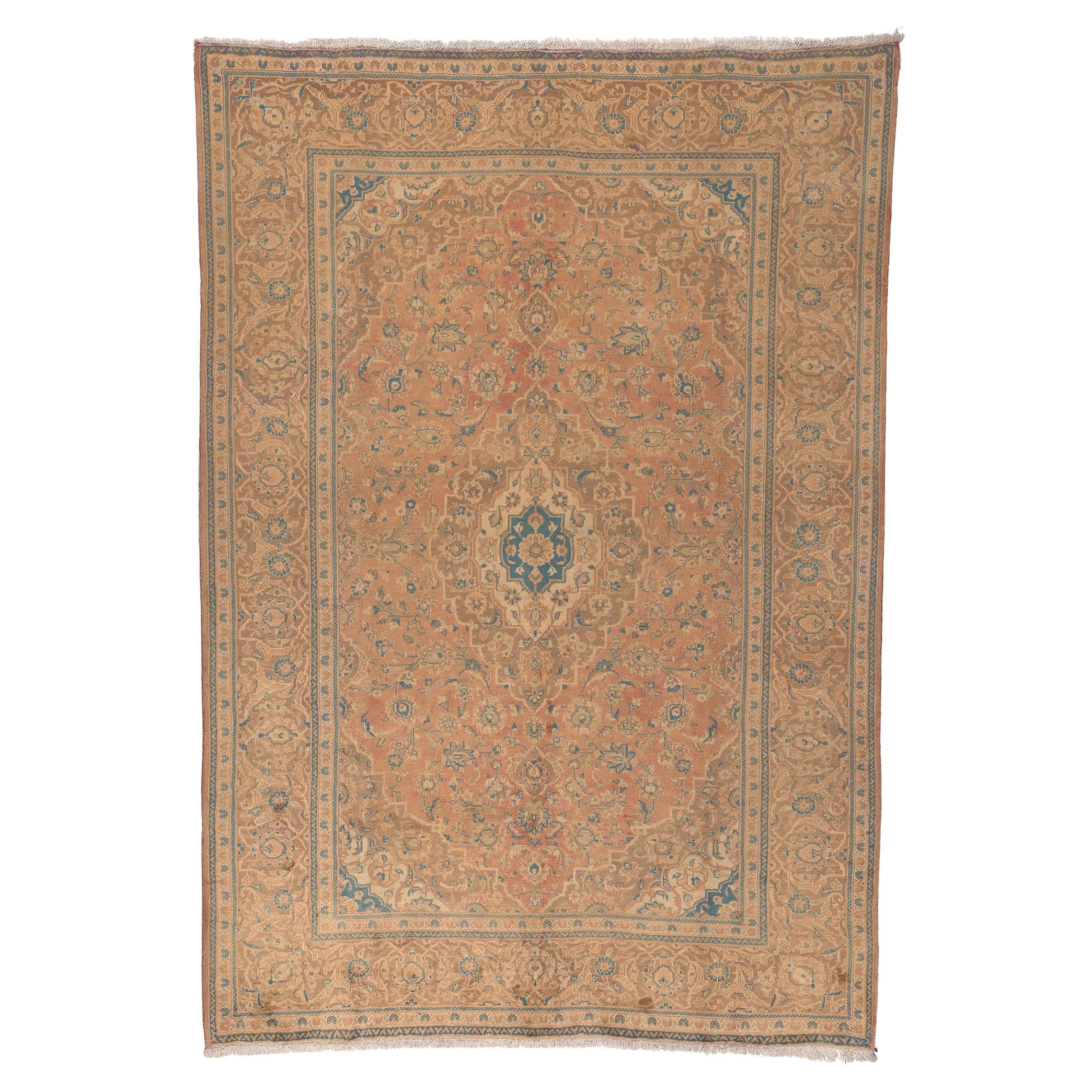 Persischer Yazd-Teppich im mediterranen toskanischen Stil, Vintage