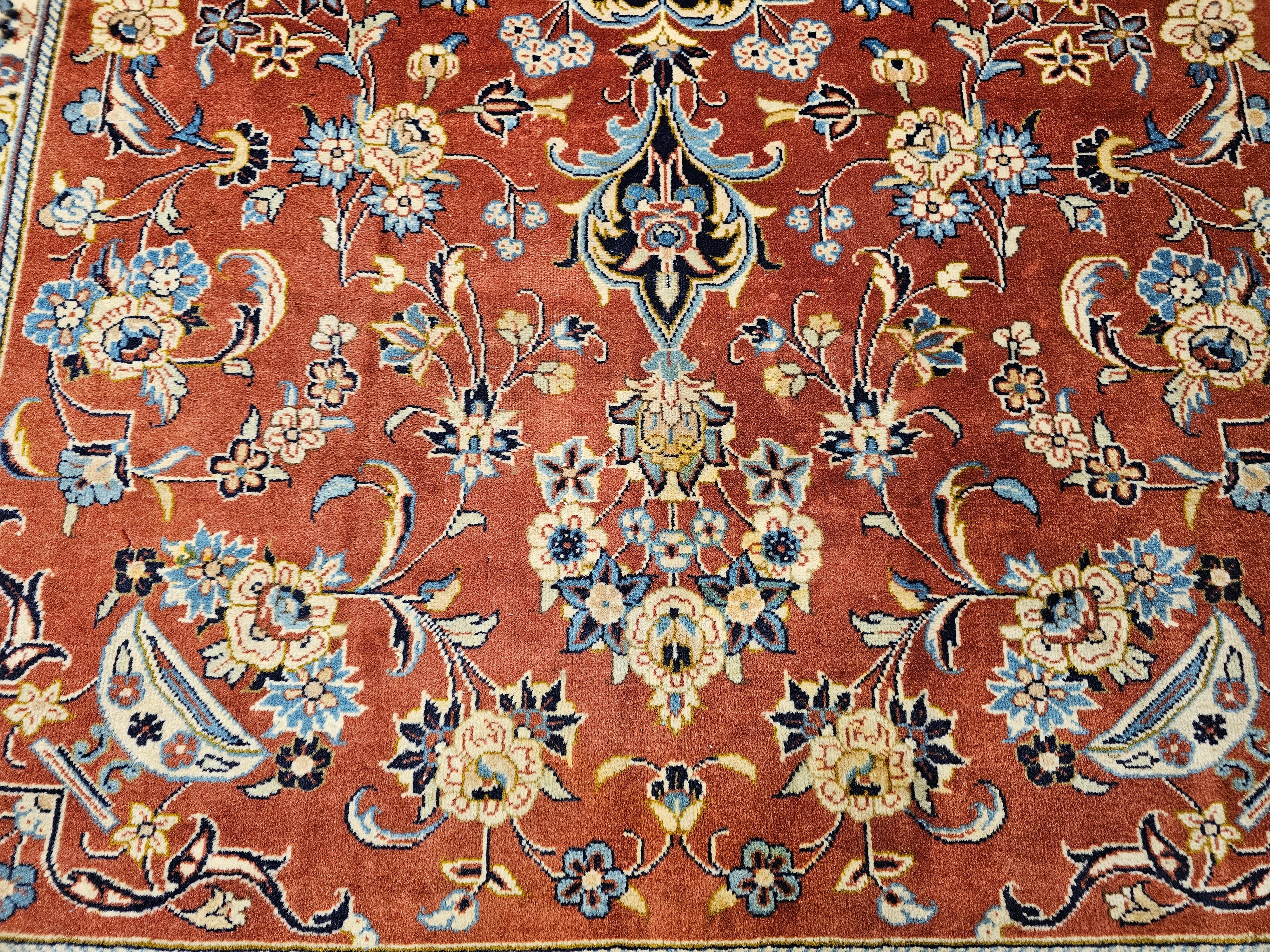 Vintage Persian Yazd in Floral Pattern in Brick Red, Navy, Blue, Ivory, Pink For Sale 5