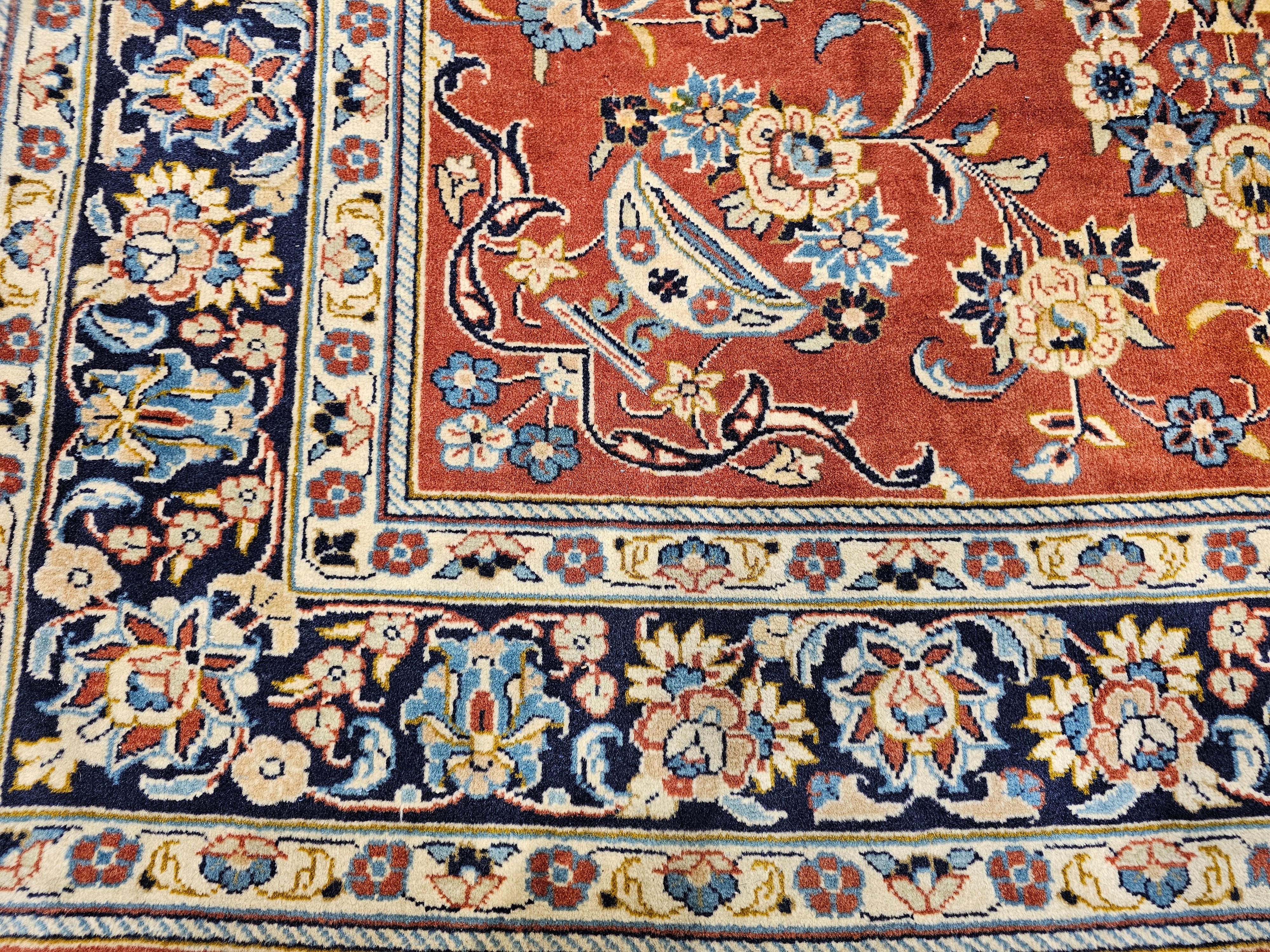 Vintage Persian Yazd in Floral Pattern in Brick Red, Navy, Blue, Ivory, Pink For Sale 3